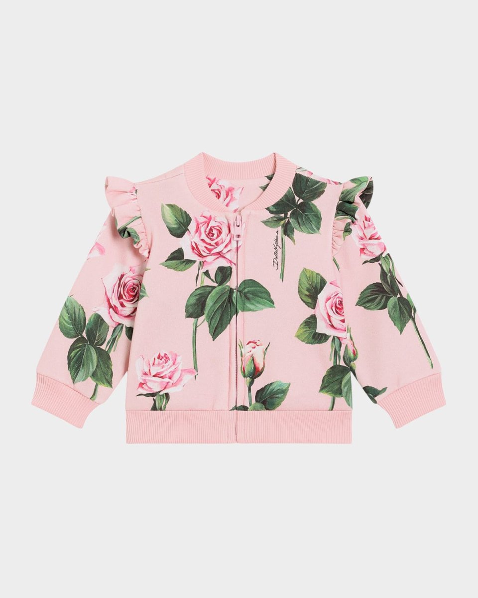 Girl's Rose-Print Ruffle-Trim Jacket, Size 1